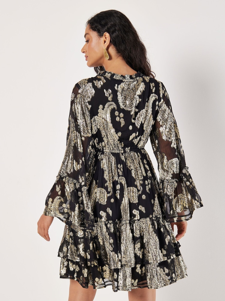 Apricot Black Gold Paisley Bell Sleeve Dress - Image 3 of 4