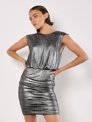 Apricot Silver Foil Ruched Volume Shoulder Dress - Image 2 of 4