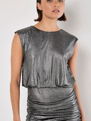 Apricot Silver Foil Ruched Volume Shoulder Dress - Image 3 of 4
