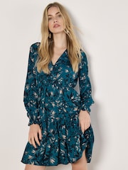 Apricot Green Trailing Leaves Tier Button Dress - Image 1 of 5