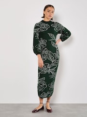 Apricot Green Sketched Floral Print Puff Sleeve Dress - Image 1 of 5