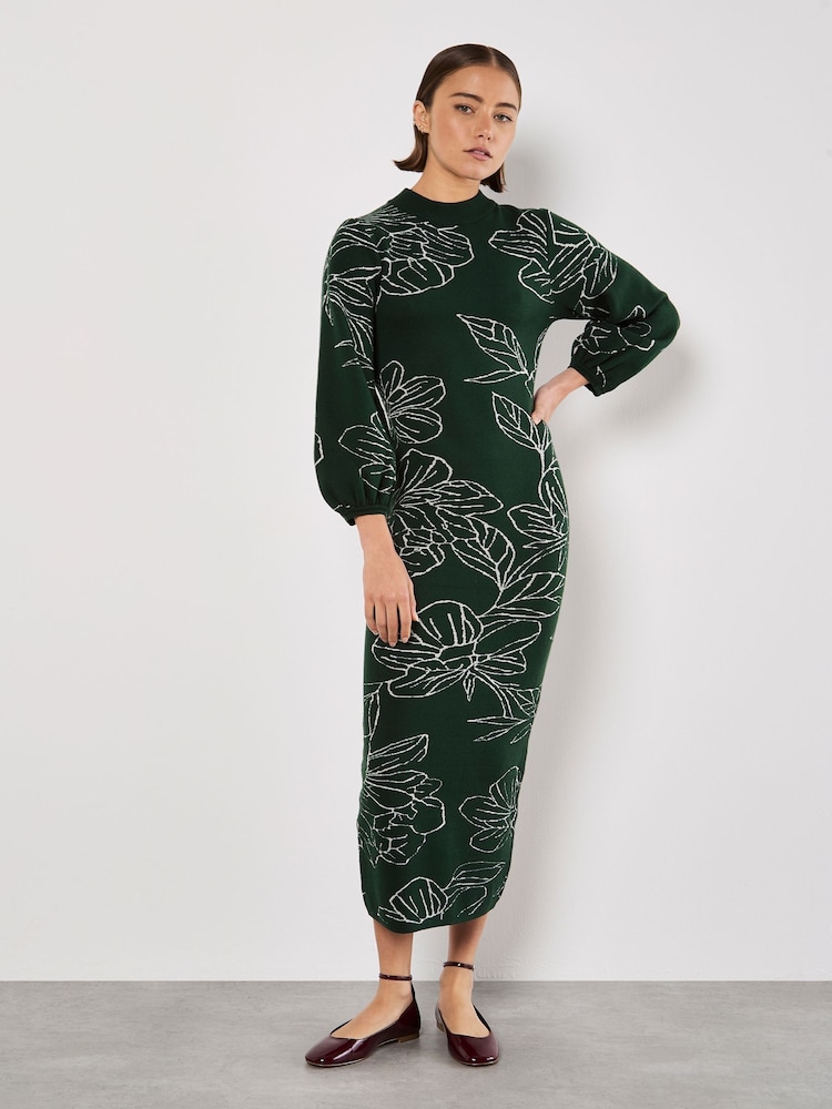 Apricot Green Sketched Floral Print Puff Sleeve Dress - Image 1 of 5