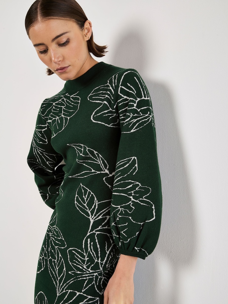 Apricot Green Sketched Floral Print Puff Sleeve Dress - Image 2 of 5