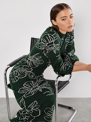 Apricot Green Sketched Floral Print Puff Sleeve Dress - Image 3 of 5