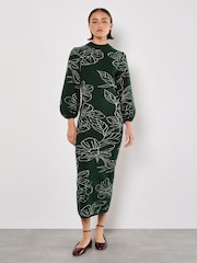 Apricot Green Sketched Floral Print Puff Sleeve Dress - Image 4 of 5