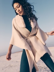 Apricot Natural Curve Hem Faux Fur Collar Poncho - Image 1 of 6
