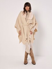 Apricot Natural Curve Hem Faux Fur Collar Poncho - Image 2 of 6