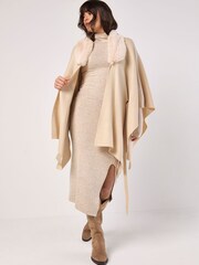 Apricot Natural Curve Hem Faux Fur Collar Poncho - Image 4 of 6