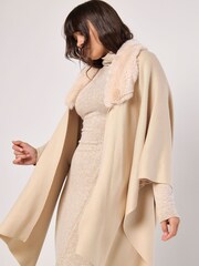 Apricot Natural Curve Hem Faux Fur Collar Poncho - Image 5 of 6