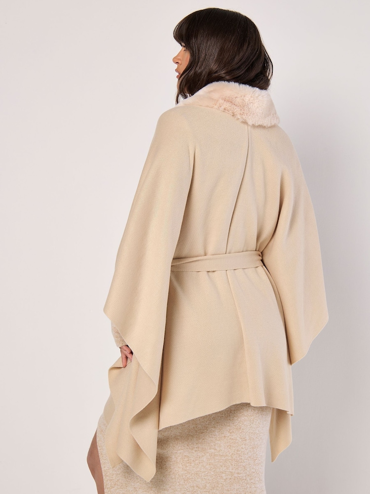 Apricot Natural Curve Hem Faux Fur Collar Poncho - Image 6 of 6