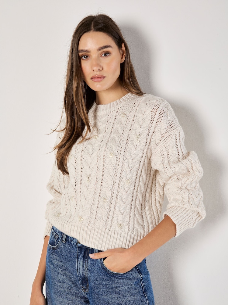 Apricot Cream Faux Pearl Cable Knit Jumper - Image 1 of 4