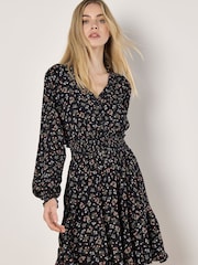 Apricot Black Vintage Ditsy Floral Print Smock Waist Dress - Image 1 of 5