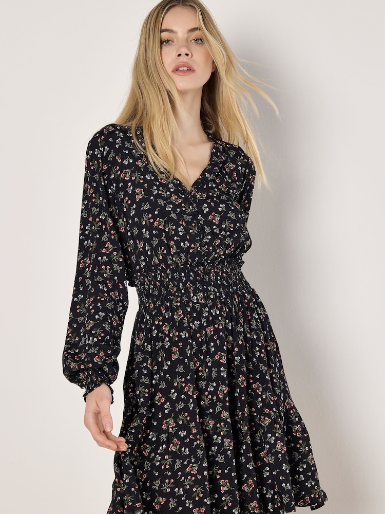 Apricot Black Vintage Ditsy Floral Print Smock Waist Dress - Image 1 of 5