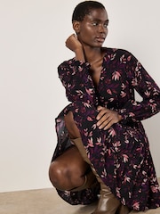 Apricot Red Trailing Leaves Tier Button Dress - Image 4 of 5