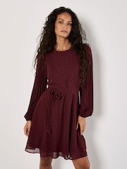 Apricot Red Pleated Sleeve Polkadot Dress - Image 1 of 4
