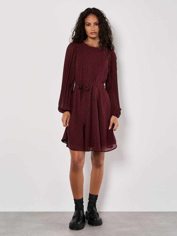 Apricot Red Pleated Sleeve Polkadot Dress - Image 2 of 4