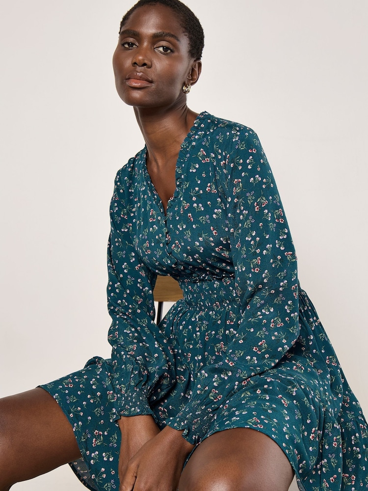 Apricot Green Vintage Ditsy Floral Print Smock Waist Dress - Image 1 of 4