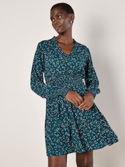 Apricot Green Vintage Ditsy Floral Print Smock Waist Dress - Image 2 of 4