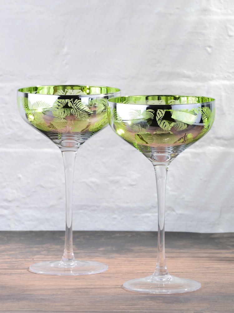 Artland Set of 2 Green Tropical Leaves Champagne Saucers - Image 1 of 2