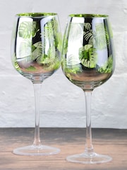 Artland Set of 2 Green Tropical Leaves Wine Glasses - Image 1 of 2