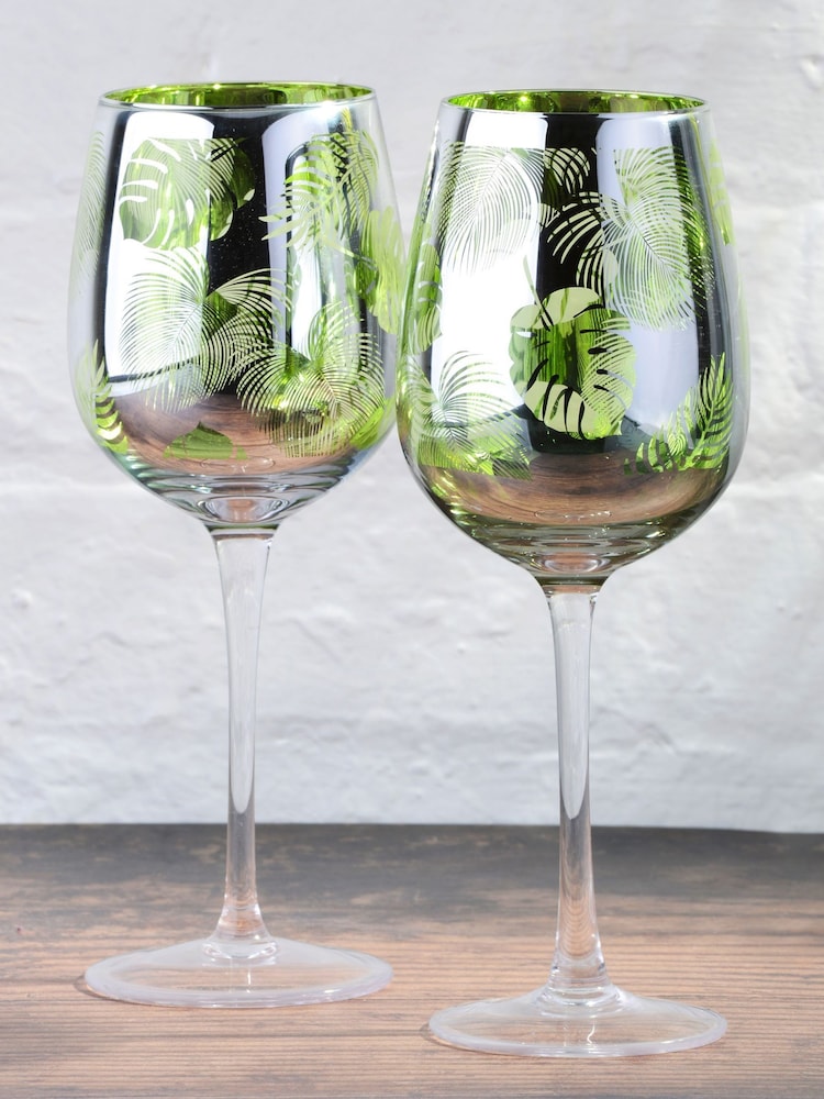 Artland Set of 2 Green Tropical Leaves Wine Glasses - Image 1 of 2