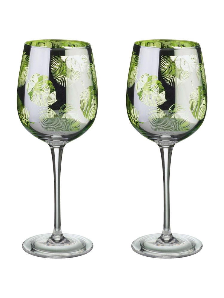 Artland Set of 2 Green Tropical Leaves Wine Glasses - Image 2 of 2