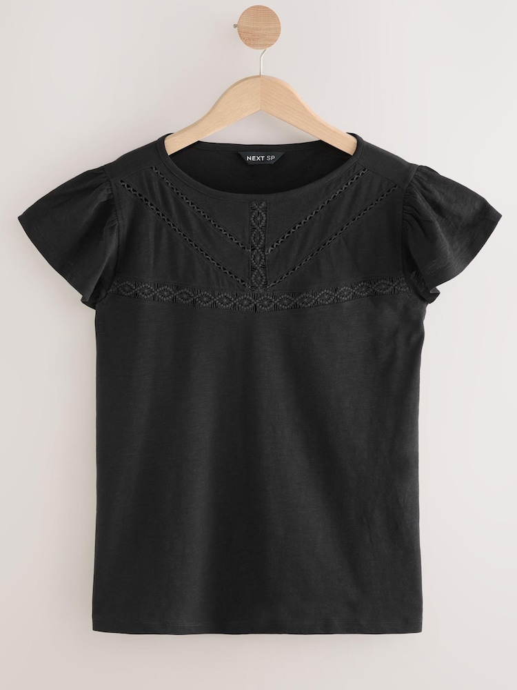 Black Lace Trim Short Sleeve 100% Cotton T-Shirt - Image 1 of 1