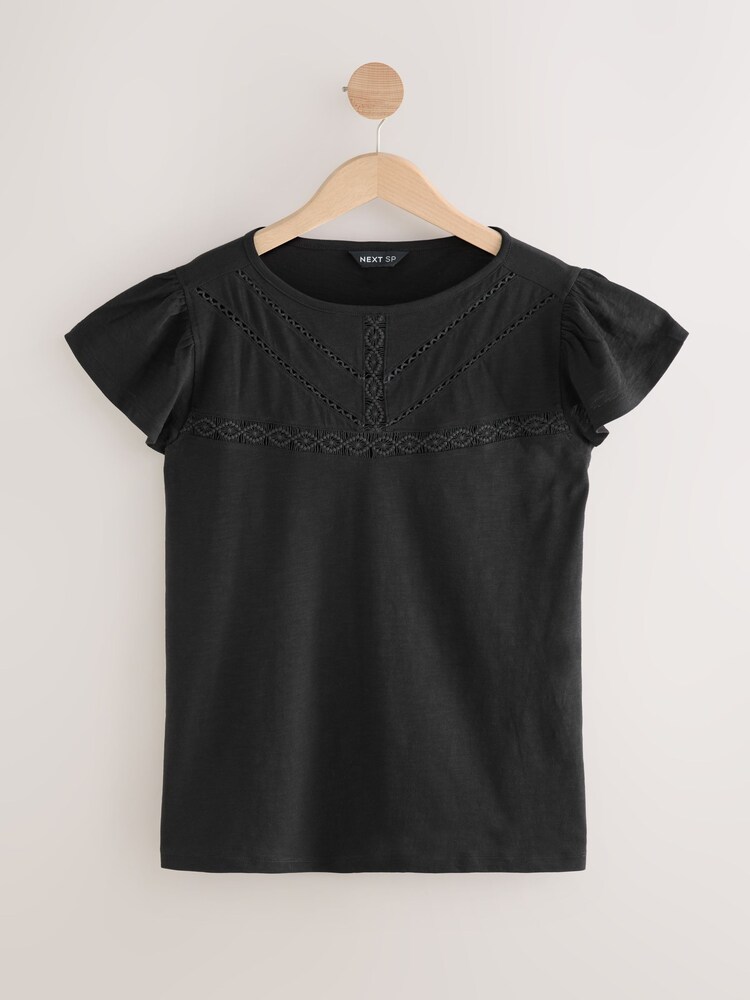 Black Lace Trim Short Sleeve 100% Cotton T-Shirt - Image 1 of 1