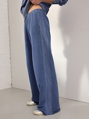 Bleu indigo - Pantalon de jogging élégant à jambes larges délavé 100% coton - Image 2 of 7