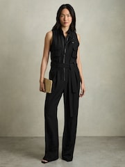Reiss Black Carina Utility Zip Through Jumpsuit With Linen - Image 1 of 7