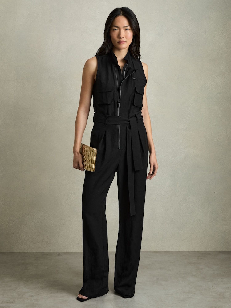 Reiss Black Carina Utility Zip Through Jumpsuit With Linen - Image 1 of 7