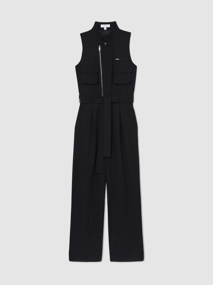 Reiss Black Carina Utility Zip Through Jumpsuit With Linen - Image 2 of 7