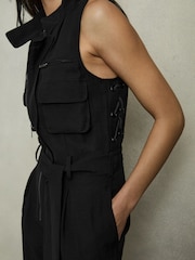 Reiss Black Carina Utility Zip Through Jumpsuit With Linen - Image 3 of 7