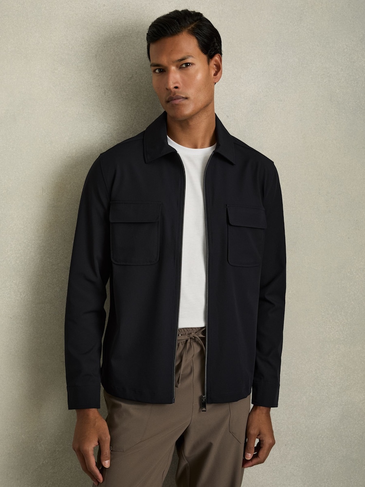 Reiss Navy Ascend Technical Zip-Through Overshirt - Image 1 of 6