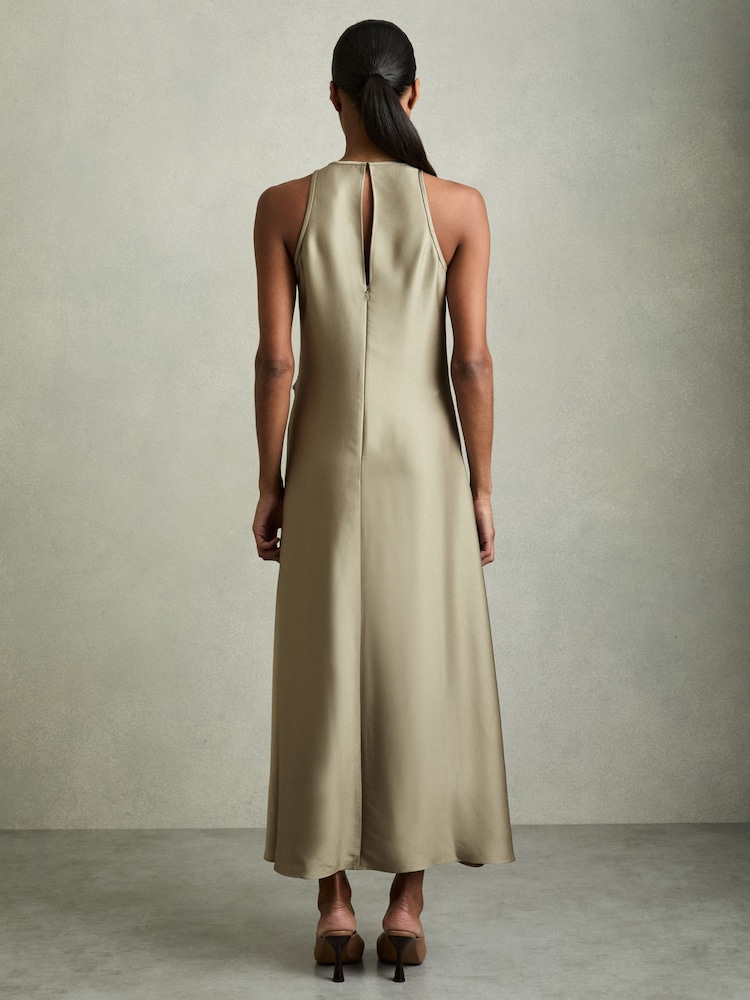 Reiss Khaki Micah Satin Drape Tuck Midi Dress - Image 4 of 5
