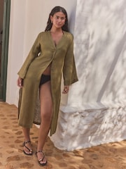 Khaki Green 100% Linen Beach Kaftan - Image 1 of 9
