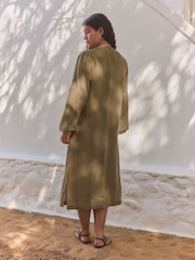 Khaki Green 100% Linen Beach Kaftan - Image 3 of 9