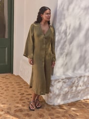 Khaki Green 100% Linen Beach Kaftan - Image 4 of 9