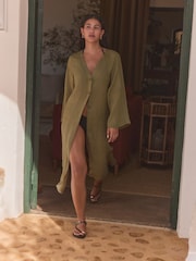Khaki Green 100% Linen Beach Kaftan - Image 6 of 9