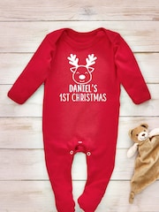 Personalised 100% Cotton Christmas Reindeer Face Sleepsuit by Little Years - Image 2 of 4