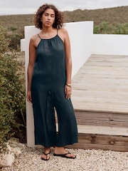 Navy 100% Linen Wide Leg Romper - Image 1 of 8