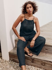 Navy 100% Linen Wide Leg Romper - Image 2 of 8
