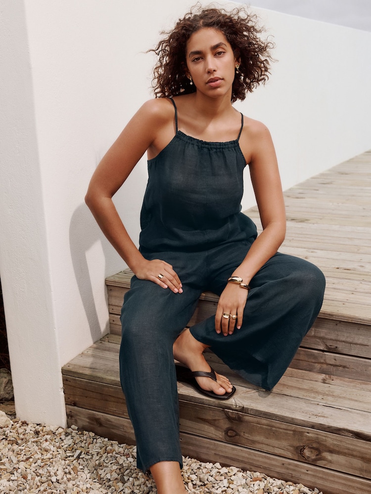 Navy 100% Linen Wide Leg Romper - Image 2 of 8