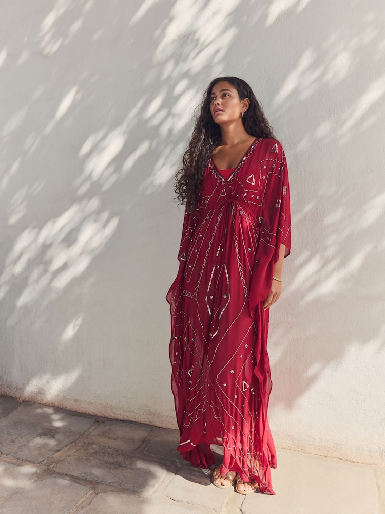 Red Embellished Maxi Kaftan - Image 1 of 6