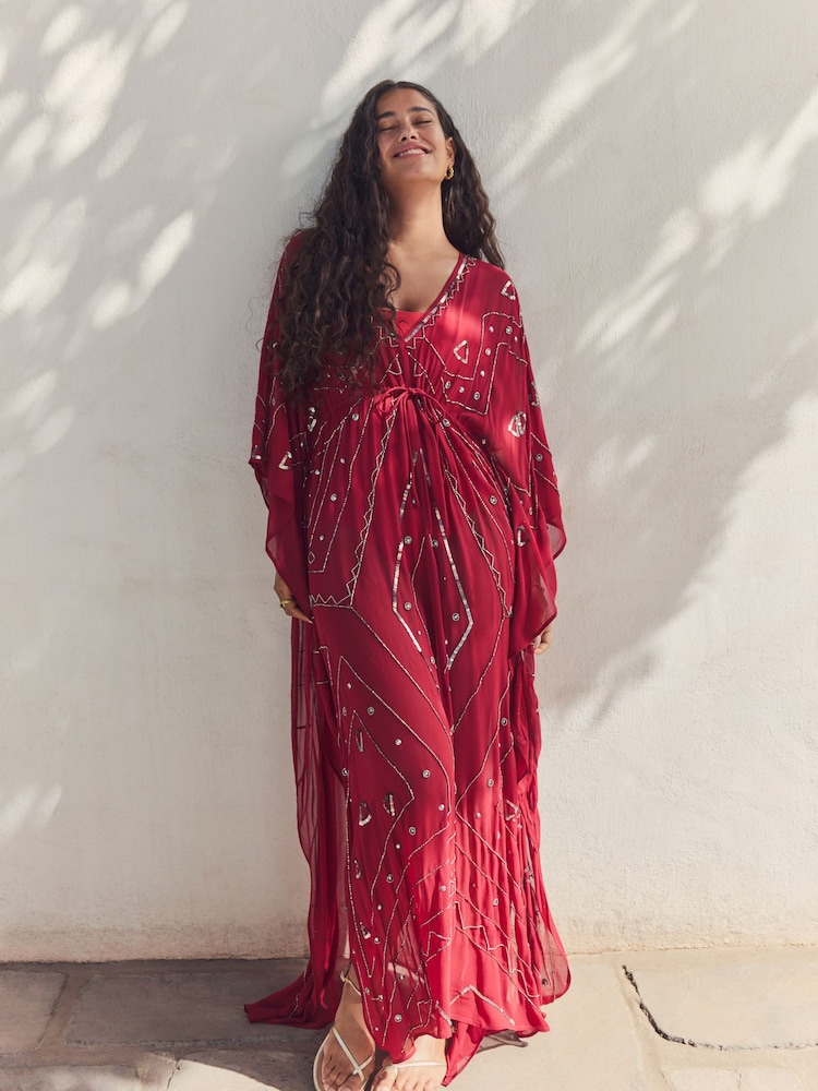 Red Embellished Maxi Kaftan - Image 2 of 6