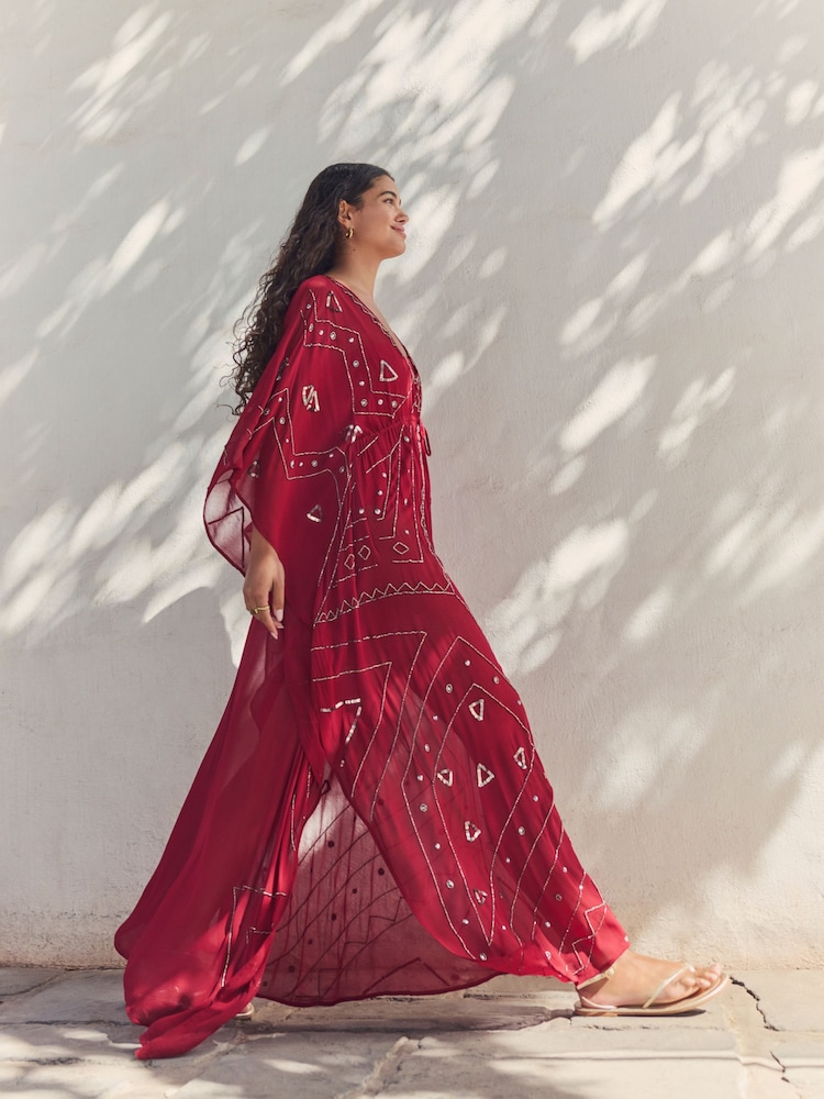 Red Embellished Maxi Kaftan - Image 5 of 6