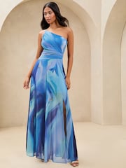 Lipsy Blue One Shoulder Marble Printed Chiffon Maxi Dress - Image 1 of 4
