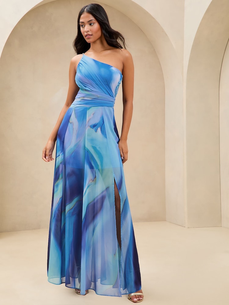 Lipsy Blue One Shoulder Marble Printed Chiffon Maxi Dress - Image 1 of 4