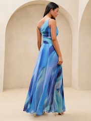 Lipsy Blue One Shoulder Marble Printed Chiffon Maxi Dress - Image 4 of 4