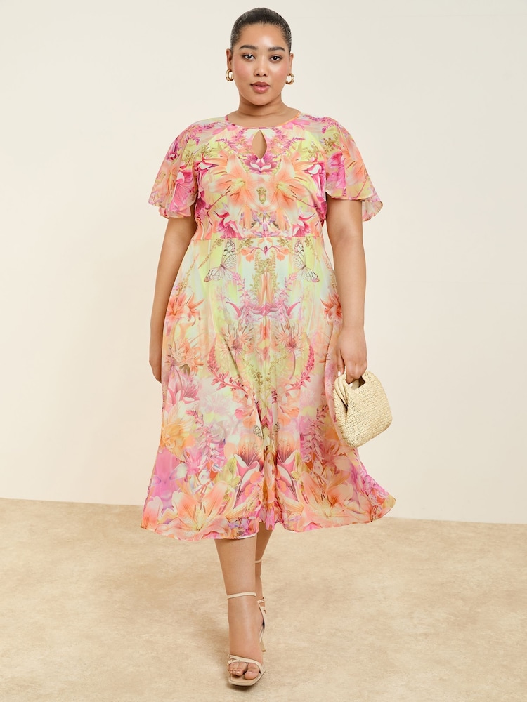 Lipsy Pink Printed Chiffon Short Sleeve Maxi Dress - Image 1 of 4